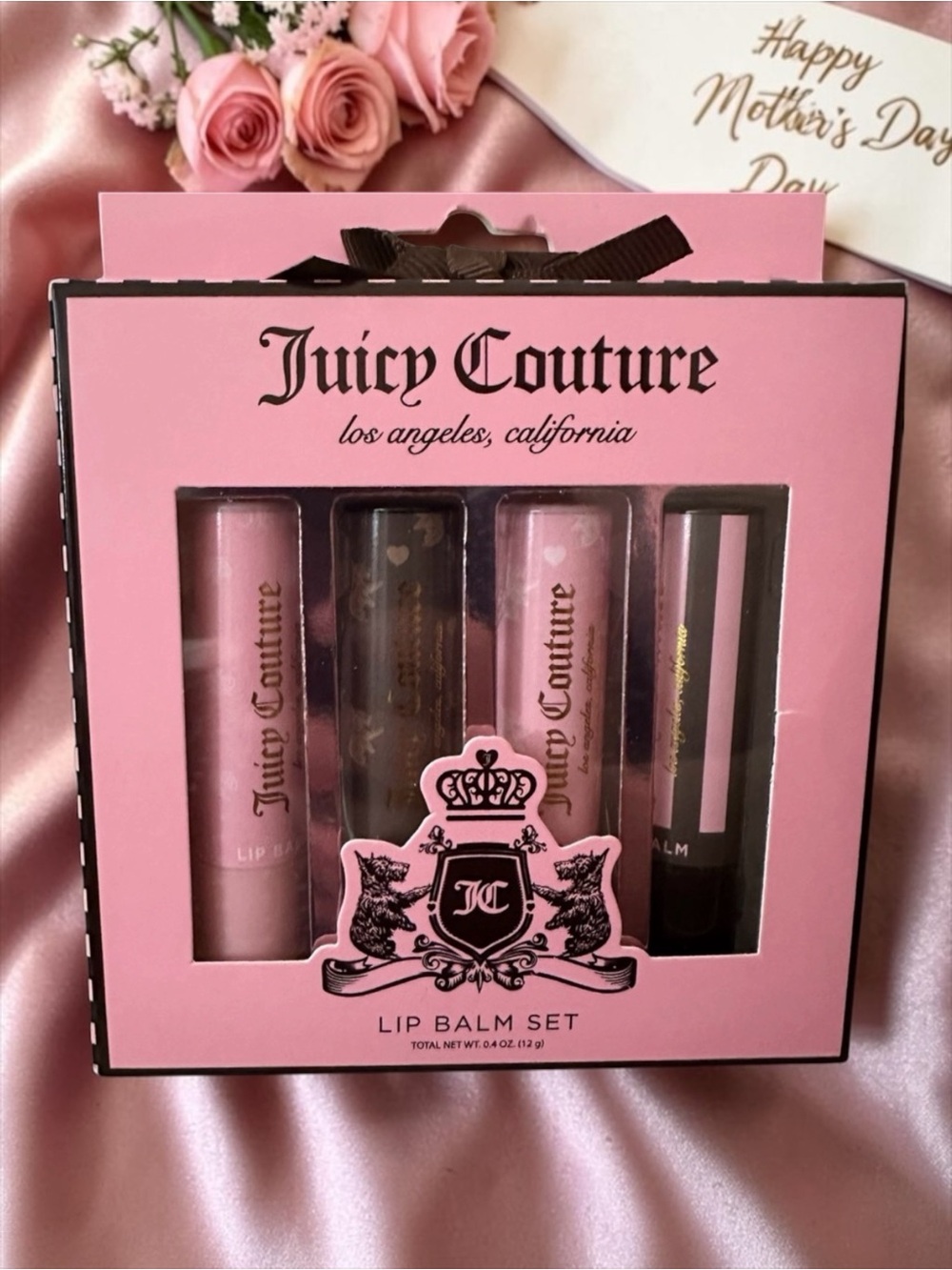 Juicy Couture Lip Balm Set - Pink and Black‎ Gift Box With Bow. Set of 4. NEW